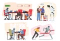 Robot Versus Human In Office Set. Futuristic Cyborg Clashes With People Workers, Symbolizing Integration Of Ai