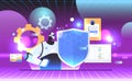 robot in vr glasses holding shield web data security protection artificial intelligence virtual reality vision metaverse Royalty Free Stock Photo