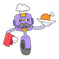Robot waiter is bringing fried chicken to serve, doodle icon image kawaii