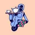 Robot waiter carrying tray with teapot, cup of tea. Cyborg butler holds towel in hand. Funny machine brings the order