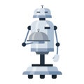 Robot waiter on wheels cartoon icon. Anthropomorphous food server holding tray with lid.