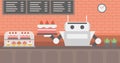 Robot waiter working at pastry shop.