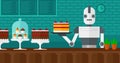 Robot waiter working at pastry shop.