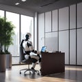 robot waiting in a modern office for a job interview, ai artificial intelligence technology at work