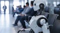 Robot waiting in a sleek office waiting area with diverse job applicants. Showcasing the integration of AI in