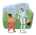 Robot Walk To School With A Delighted Child, Carrying Backpack. Characters Journey Unfolds With Mechanical Grace Royalty Free Stock Photo