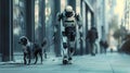 robot walking a dog. robot is having his own pet. Royalty Free Stock Photo