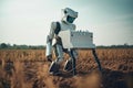 Robot walking on a field of wheat. Future technology concept. Futuristic AI robot farmer working in the farmland, AI Generated Royalty Free Stock Photo
