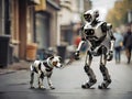 Robot walking with a robotic dog on the street in the city. Cyborg friends outdoor Royalty Free Stock Photo