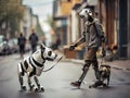 Robot walking with a robotic dog on the street in the city. Cyborg friends outdoor Royalty Free Stock Photo