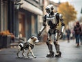 Robot walking with a robotic dog on the street in the city. Cyborg friends outdoor Royalty Free Stock Photo