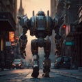 The robot walks along the road in the city in the evening. AI generative