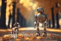 The robot walks with a dog in the autumn park. Ai generative