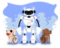 Robot walks with dogs. Android people assistant. Artificial intelligence technology. Futuristic services. pet walking