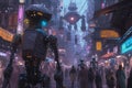 A robot walks down a busy city street surrounded by a crowd of people, blending seamlessly into urban life, A high-tech cyberpunk
