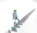 Robot walks on the stair, on the white bacground,3d render