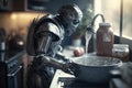 The robot washes the dishes. AI generative