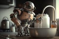 The robot washes dishes in the kitchen. AI generative