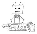 Robot Washing Dishes in Kitchen, Vector Cartoon Stick Figure Illustration