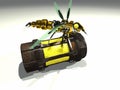 Robot wasp sits on container