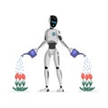 Robot watering flowers flat vector illustration. Mechanical gardener, futuristic garden assistant character. Artificial