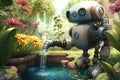 robot watering garden with gentle stream of water