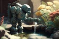 robot watering garden with gentle stream of water