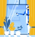 Robot Watering Plants near Window with Curtains.