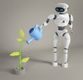 Robot is watering the sprout 3d, render Royalty Free Stock Photo