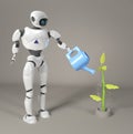 robot is watering the sprout 3d, render Royalty Free Stock Photo