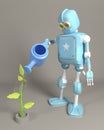 The robot is watering the sprout 3d, render Royalty Free Stock Photo