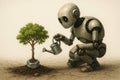 A robot is watering a tree growing from a nut. Space for text. Royalty Free Stock Photo