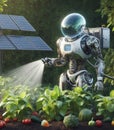 robot watering working in the farm vegetable garden to grow produce for human consumption