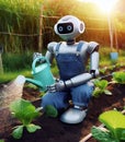 robot watering working in the farm vegetable garden to grow produce for human consumption