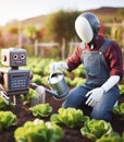 robot watering working in the farm vegetable garden to grow produce for human consumption