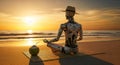 Robot wearing a straw hat sitting in a meditative pose on the beach at sunset. Royalty Free Stock Photo