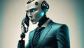 robot wearing a suit talking on the phone. AI Generated