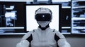 Robot wearing virtual reality headset monitoring cyber security