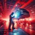 Robot welder welds a part at a car factory