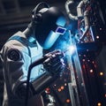 Robot welder welds a part at a car factory