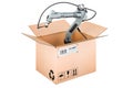 Robot welding inside cardboard box, delivery concept. 3D rendering