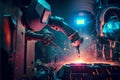 Robot welding is welding assembly automotive part in car factory Royalty Free Stock Photo