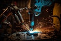 robot welds parts. A robot welder welds automotive assembly parts in a car factory AI Generation Royalty Free Stock Photo