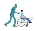 Robot and wheelchair. Cyborg helper helps a disabled person on a wheelchair