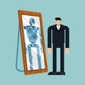 Robot will replace human. Robot is reflected in mirror of man. Concept of replacing people with robots
