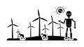Robot and Wind Turbines, Black and White, vector design Generative AI Royalty Free Stock Photo