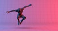 Robot wireframe jump on gradient red violet background