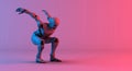 Robot wireframe prepare jump on gradient red violet background