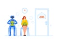 Robot and Woman Hiring at Work. Female Character and Android Waiting Hiring Interview Sitting on Chairs at Office Hall