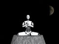 Robot woman meditating in space.